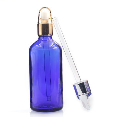 Round Blue 100ml Oil Dropper Glass Bottle With Glass Liquid Pipette