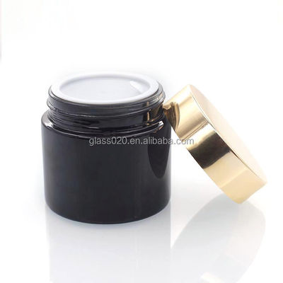 Glossy Black 60g Cream Jar Packaging glass material With Plastic Lid