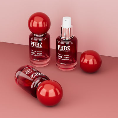30ml / 1oz Empty Red Gradient Glass Cosmetic Serum Bottle with Round Ball Cap, Custom Color OEM ODM Skincare Packaging for Lotion Essential Oil