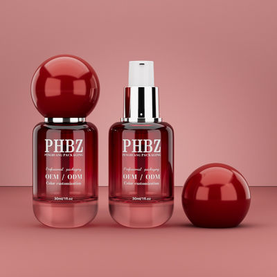 30ml / 1oz Empty Red Gradient Glass Cosmetic Serum Bottle with Round Ball Cap, Custom Color OEM ODM Skincare Packaging for Lotion Essential Oil