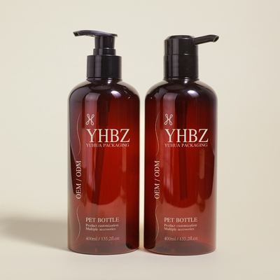 Good price 400ml PET Plastic Plastic Shampoo And Conditioner Bottles Round Amber Lotion Pump Bottle online