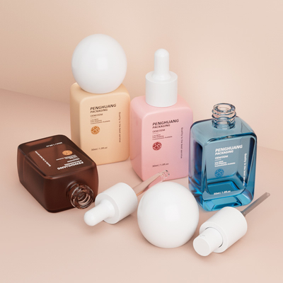Empty Wholesale Pump Bottles 30ML Round Ball Cap Square Glass Liquid Foundation Bottles