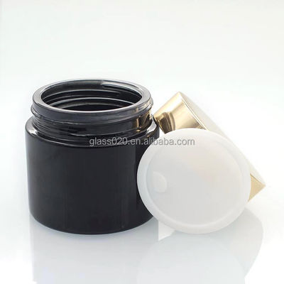 Glossy Black 60g Cream Jar Packaging glass material With Plastic Lid