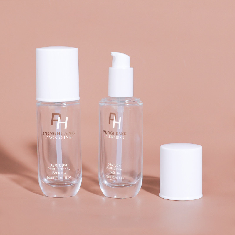Round Shape Clear Empty Liquid Foundation Bottle 30ml 1oz Glass Lotion Pump Bottle For Cosmetic Packaging