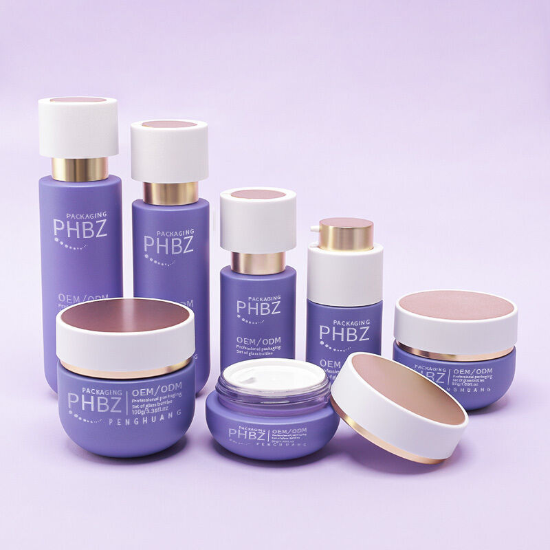 Comprehensive Cosmetic Packaging Set featuring luxury glass bottles golden cap lotion bottles cream jars and cosmetic packaging