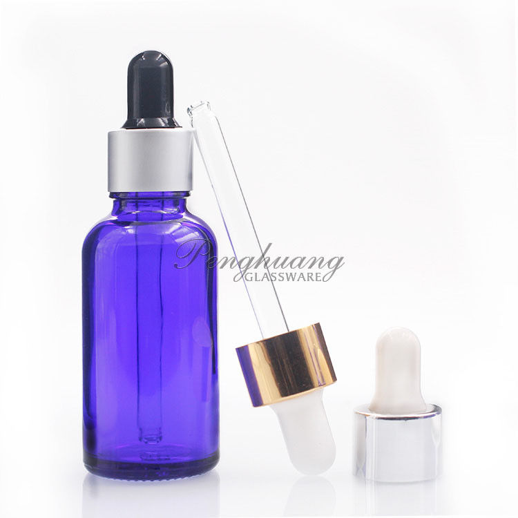 Cylindrical 30ml Blue Oil Dropper Glass Bottle With Gold Dropper