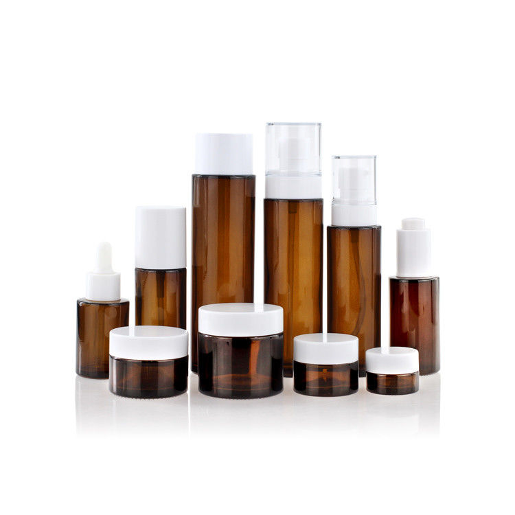 Round Amber Glass Skincare Packaging Customized 20ml 30ml 50ml 80ml 100ml