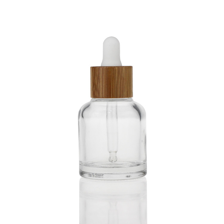 Cosmetic Skincare Glass Serum Bottle 20ml 30ml 50ml With Bamboo Collar Cap