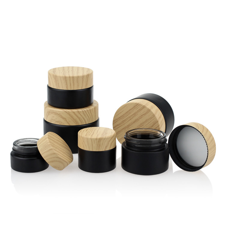 Cosmetic Packaging Set Bamboo Color Screw Cap Black Matte Glass Jars 50g
