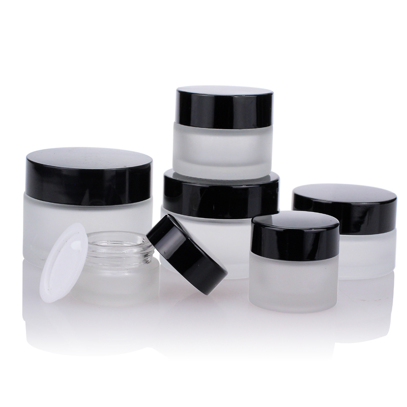Round Cream Glass Jars Frosted 10g 20g 30g With Black Plastic Cap