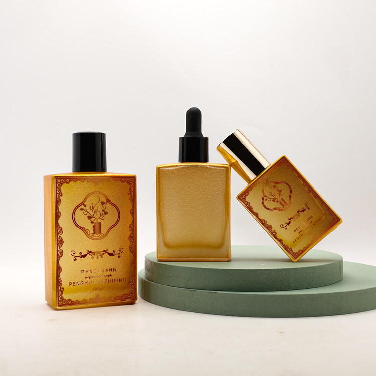 Lucury Glass Golden Serum Dropper Bottles Perfume Oil Packaging Logo Custom 50ml 100ml 120ml