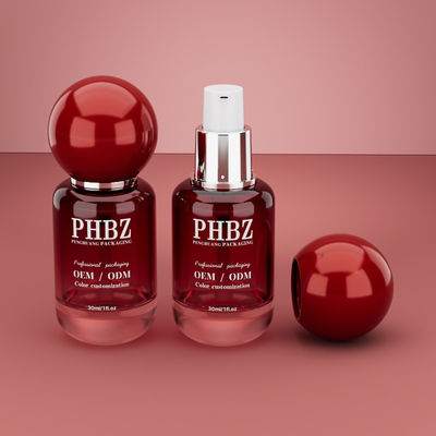 30ml / 1oz Empty Red Gradient Glass Cosmetic Serum Bottle with Round Ball Cap, Custom Color OEM ODM Skincare Packaging for Lotion Essential Oil